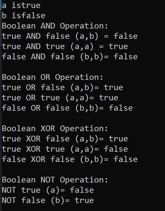 Write a program to implement Boolean AND, OR, XOR, and NOT operations.